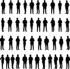 Silhouettes of diverse standing people in casual clothing, various poses and gestures, isolated on white background for design and presentations