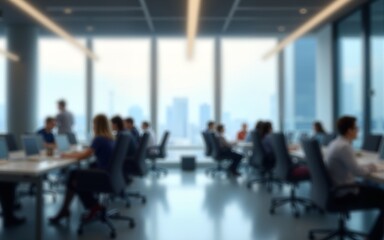 Modern open space office interior or call centre with blurred business people. High quality