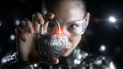 Cybernetic attack security, banking and Personal data. Protecting herself from cyber attacks. Cyber security firewall interface protection concept.	