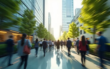 Sustainability in business center concept, business people crowd walking at corporate office in green city downtown, Abstract motion blur image, blurred background, Generative AI. High quality
