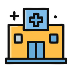 Obraz premium Hospital Icon Illustration: A vibrant yellow and blue vector icon illustration, representing a hospital building with clear signage and clean lines, perfect for medical and healthcare themes.