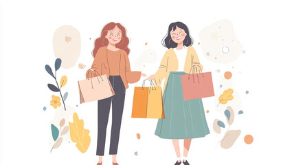 Fototapeta premium Two happy stylish women enjoy shopping with bags in a warm, flat