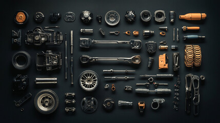 Various automotive workshop tools and equipment arranged neatly on a