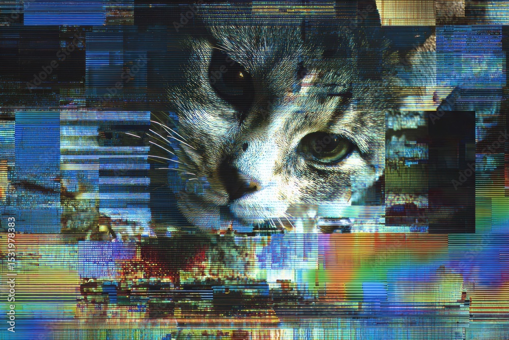 Aufkleber Corrupted Digital Display With an Abstract Representation of a Cat During a System Error