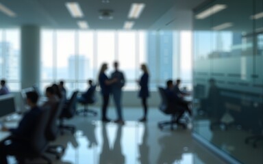 Blurred office with people working behind glass wall. High quality