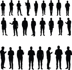 Silhouette collection of diverse people using smartphones, standing and gesturing in various casual poses, isolated on white background