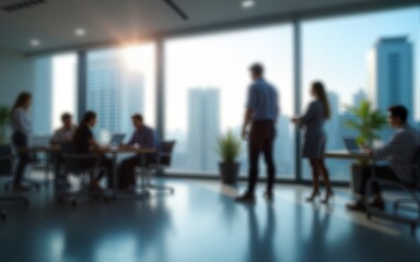 Blurred Business Office Interior with Casual Wear People and Panoramic Windows – Bokeh Background. High quality