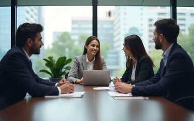 Colleagues staff employees talking at team office company meeting sit at conference table behind glass door. Businesspeople workers group collaborating at briefing in boardroom on blurred background.