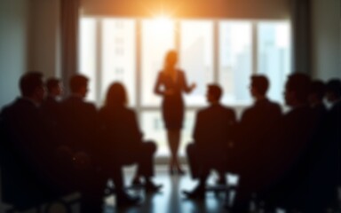 Silhouettes of businesspeople gathered in conference room for negotiation or seminar event, female leader standing inf front of audience makes speech or presentation, blurred view. Business meeting