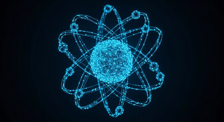 Digital Representation Of A Glowing Blue Atom With Orbiting Electrons Against A Dark Background