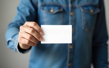 Man wearing blue jeans shirt and showing blank white business card. Blurred background. Horizontal mockup. High quality