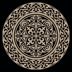 Golden ethnic patterned plate. Gold Kazakh ornament. Element of the national pattern of the ancient nomads. For decoration of clothes, yurts, medallion, ceramics