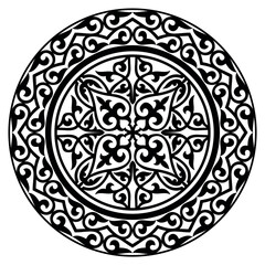 Black ethnic patterned plate. Kazakh ornament. Element of the national pattern of the ancient nomads. For decoration of clothes, yurts, medallion, ceramics