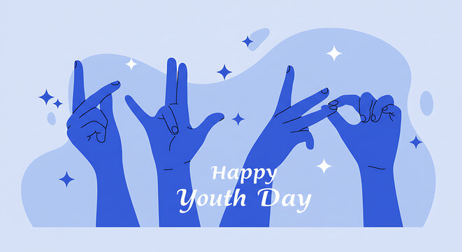 A contemporary flat vector illustration featuring multiple raised hands in various expressive gestures - Set For friendship theme and international youth day