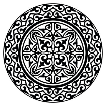 Black ethnic patterned plate. Kazakh ornament. Element of the national pattern of the ancient nomads. For decoration of clothes, yurts, medallion, ceramics