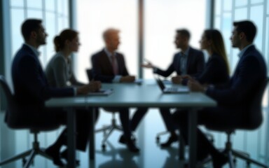 Group of businesspeople negotiating gathered in modern conference room, blurred silhouettes view, meeting behind closed glass doors. Business communication, workflow, decision-making, strategy sharing