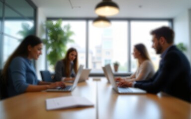 Blurred view of a modern office meeting room with people working on laptops, creating a professional and focused atmosphere. High quality