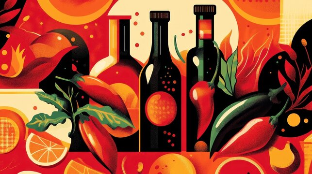 A bold, fiery design featuring chili peppers, hot sauces, and spices like paprika and cumin