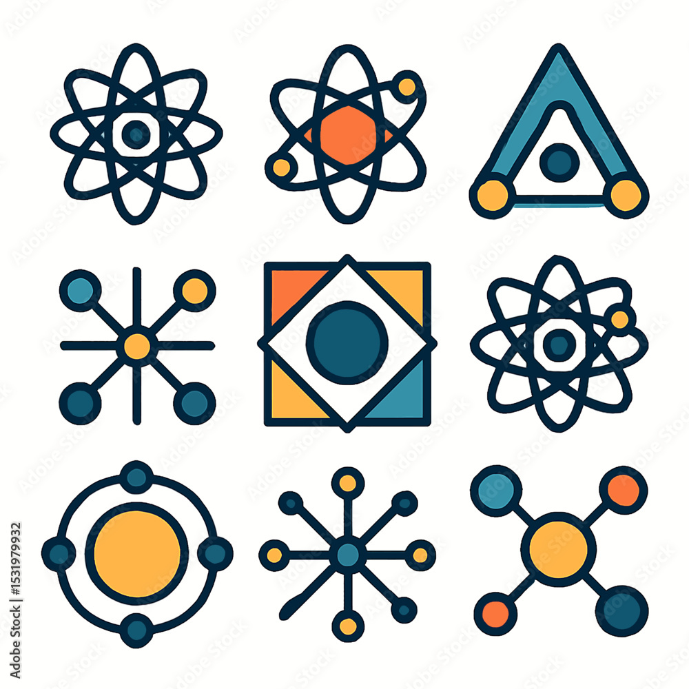 Poster colorful science icons and symbols set with atomic structure and molecule elements