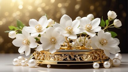 Delicate White Flowers Arranged On Golden Ornament Elegant Display