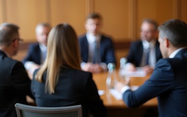Selective focus to business woman sitting with blurry chairman of the meeting and executive committee background in auditorium for shareholders meeting or seminar event, Annual shareholder meeting.