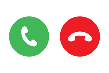 Incoming or outgoing phone call sign symbol isolated. Phone call icon answer, accept and decline call icons buttons red and green color. Flat design. Vector illustration.