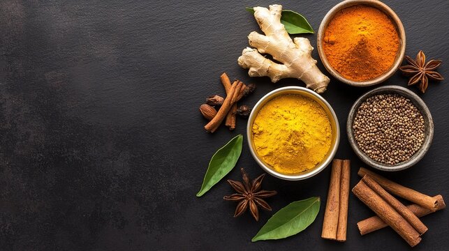 Colorful spices, herbs, and roots arranged in bowls and on a dark background, including turmeric, ginger, cinnamon, bay leaves, and star anise.