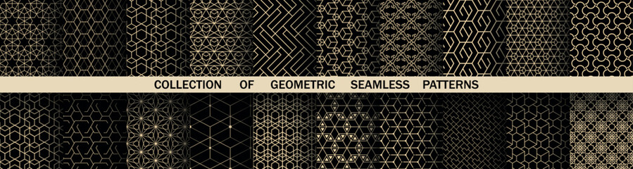 Geometric set of seamless black and golden patterns. Simple vector graphics