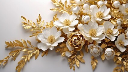 Golden Floral Arrangement with White Flowers and Decorative Leaves