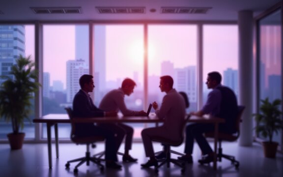 business people meeting at table. Abstract blurred office interior space background. purple colors. Business concept. High quality