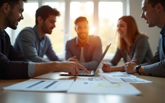 Coworking team meeting.Group of young businessmans working with new startup project at sunny office.Man pointing on laptop screen.Blurred background.Flares effects. High quality