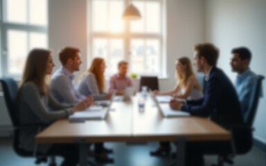 Blurred Team Meeting Room - Soft-focus image of a team meeting room with people and furnishings. High quality