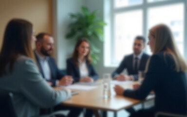 Business concept. Business meeting in boardroom. Blurred people on background. Team meeting in office near table. Generative AI. High quality