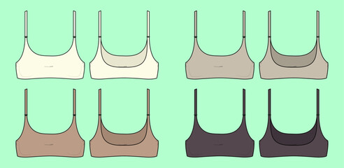 Sports bra colourway bundle technical drawing fashion flat sketch vector illustration template front and back views outline CAD mockup