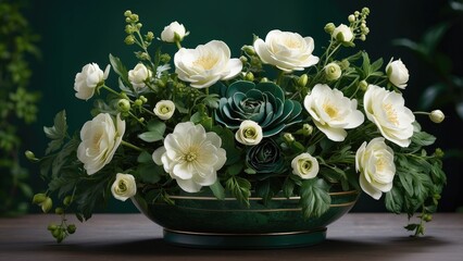 Delicate White Flowers and Greenery in a Green Container