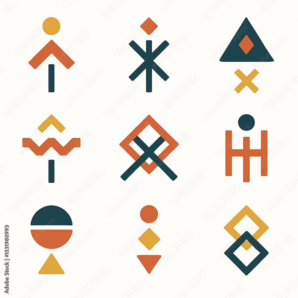 Poster geometric abstract design featuring stylized shapes in a visually balanced grid format