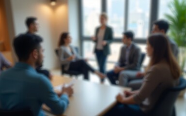 Generative AI : Abstract blurred defocused of asian young team sitting group circle meeting in top wide angle view in modern office Asian speaker explain teach coach sharing idea to audience in educat