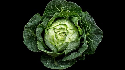 A fresh green cabbage with textured leaves is centered on a black background.