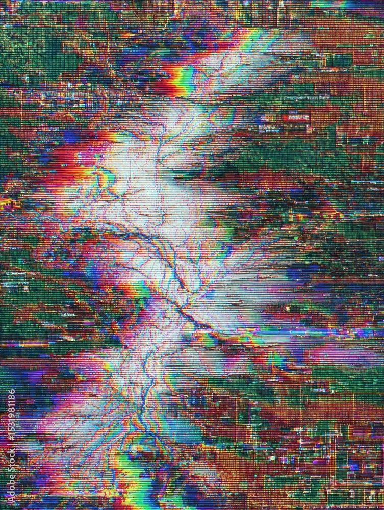 Poster Abstract Representation of a Neural Network Malfunction With Colorful Glitch Patterns and Data Displacement in a Digital Format