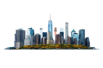 High-resolution transparent PNG panorama of Lower Manhattan skyline from the South — detailed urban cityscape cutout for graphic design, architectural presentations, and digital composites