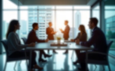 Out of focus businesspeople gathered in a modern conference room, glass walls, urban office backdrop, motion blur Business concept, motion bokeh background. High quality