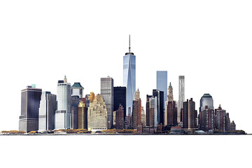 High-resolution transparent PNG panorama of Lower Manhattan skyline from the South — detailed urban cityscape cutout for graphic design, architectural presentations, and digital composites