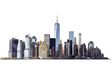 High-resolution transparent PNG panorama of Lower Manhattan skyline from the South — detailed urban cityscape cutout for graphic design, architectural presentations, and digital composites