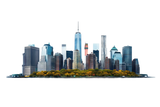High-resolution transparent PNG panorama of Lower Manhattan skyline from the South — detailed urban cityscape cutout for graphic design, architectural presentations, and digital composites