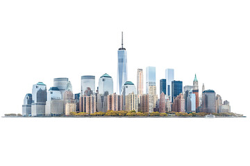 Obraz premium High-resolution transparent PNG panorama of Lower Manhattan skyline from the South — detailed urban cityscape cutout for graphic design, architectural presentations, and digital composites