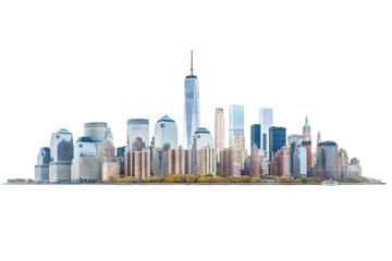 High-resolution transparent PNG panorama of Lower Manhattan skyline from the South — detailed urban cityscape cutout for graphic design, architectural presentations, and digital composites