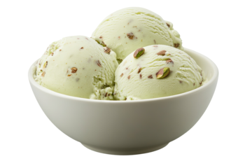 Creamy pistachio ice cream scoop in rustic bowl isolated on transparent background — ultra-high-resolution PNG cutout perfect for gourmet dessert menus, artisanal packaging mock-ups and café signage