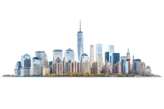 High-resolution transparent PNG panorama of Lower Manhattan skyline from the South — detailed urban cityscape cutout for graphic design, architectural presentations, and digital composites