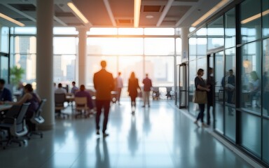 Bright business workplace with people in walking in blurred motion in modern office space. High quality