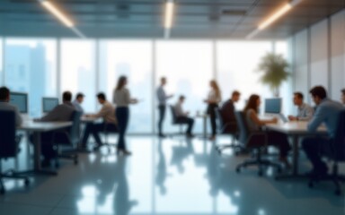 Abstract blurred interior modern office space with business people working banner background with copy space. High quality